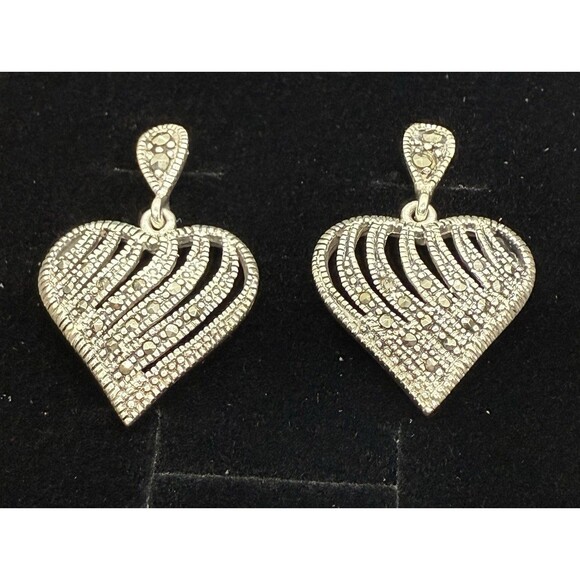 Vintage Heart Shaped Sterling Silver 925 & Marcasite Earrings Diamond Read Descr - Picture 2 of 12